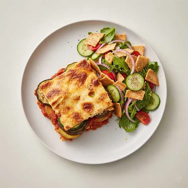 Layered Garden Vegetable Moussaka with a Refreshing Lemon-Sumac Fattoush